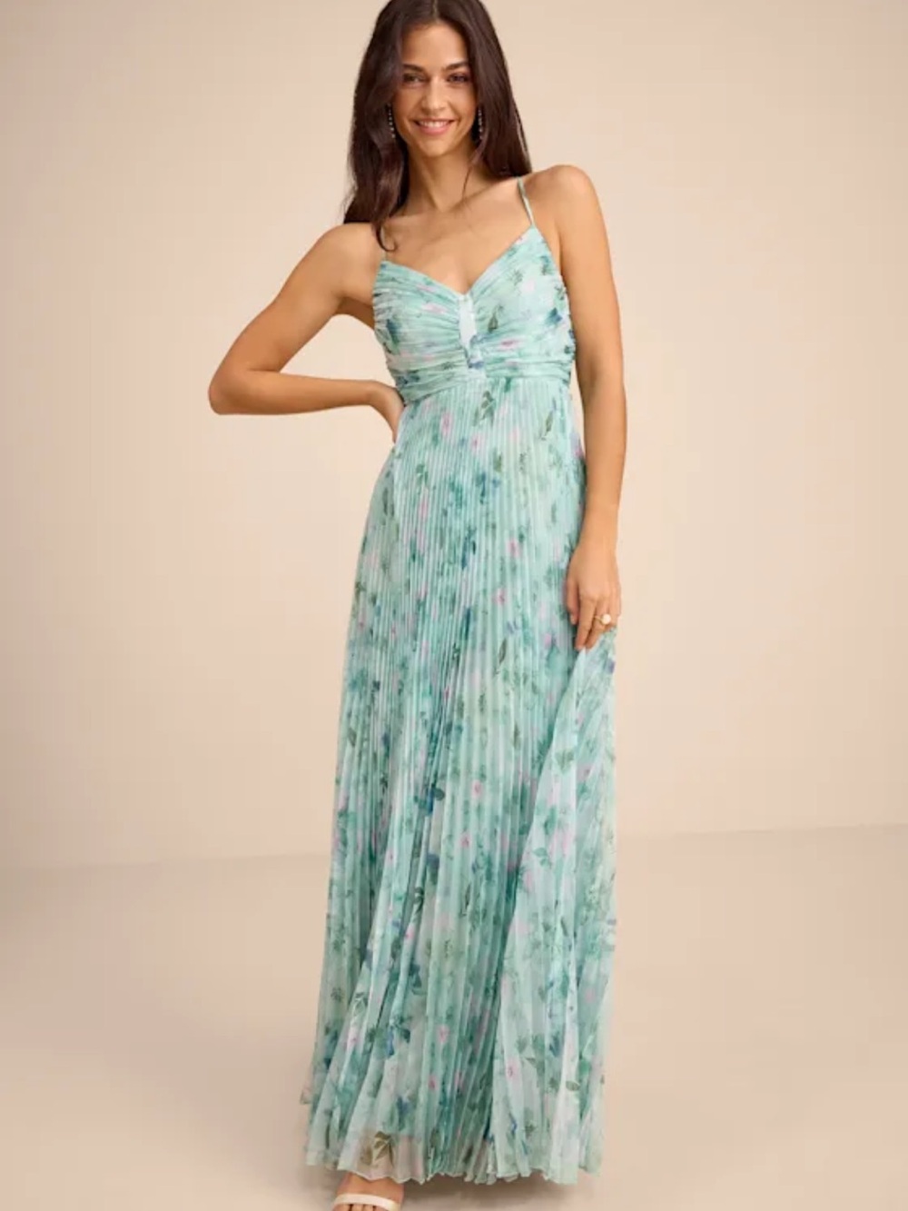 Lulu's Mint Green Floral Pleated Maxi Dress